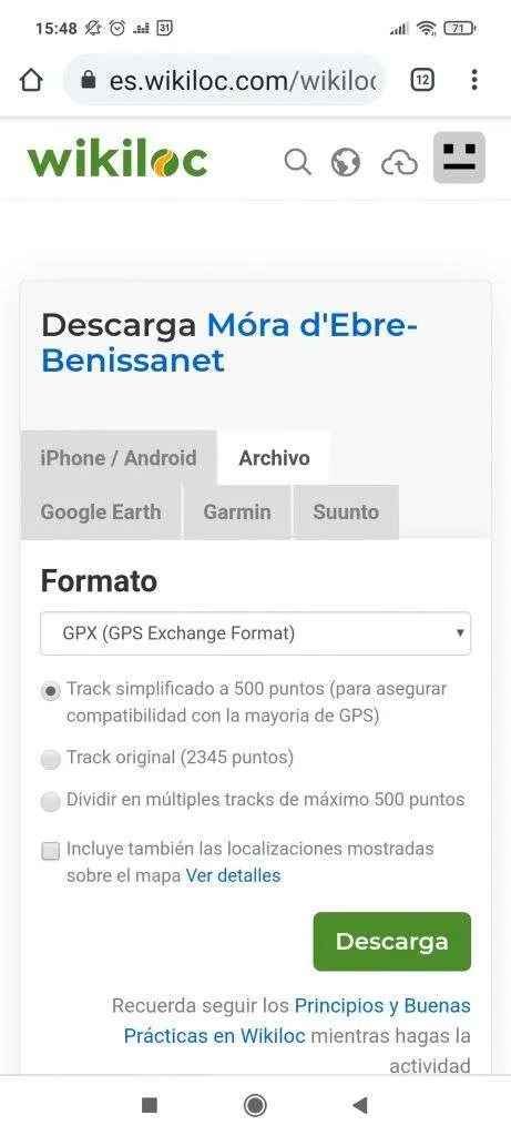 Descargar archivo GPX.